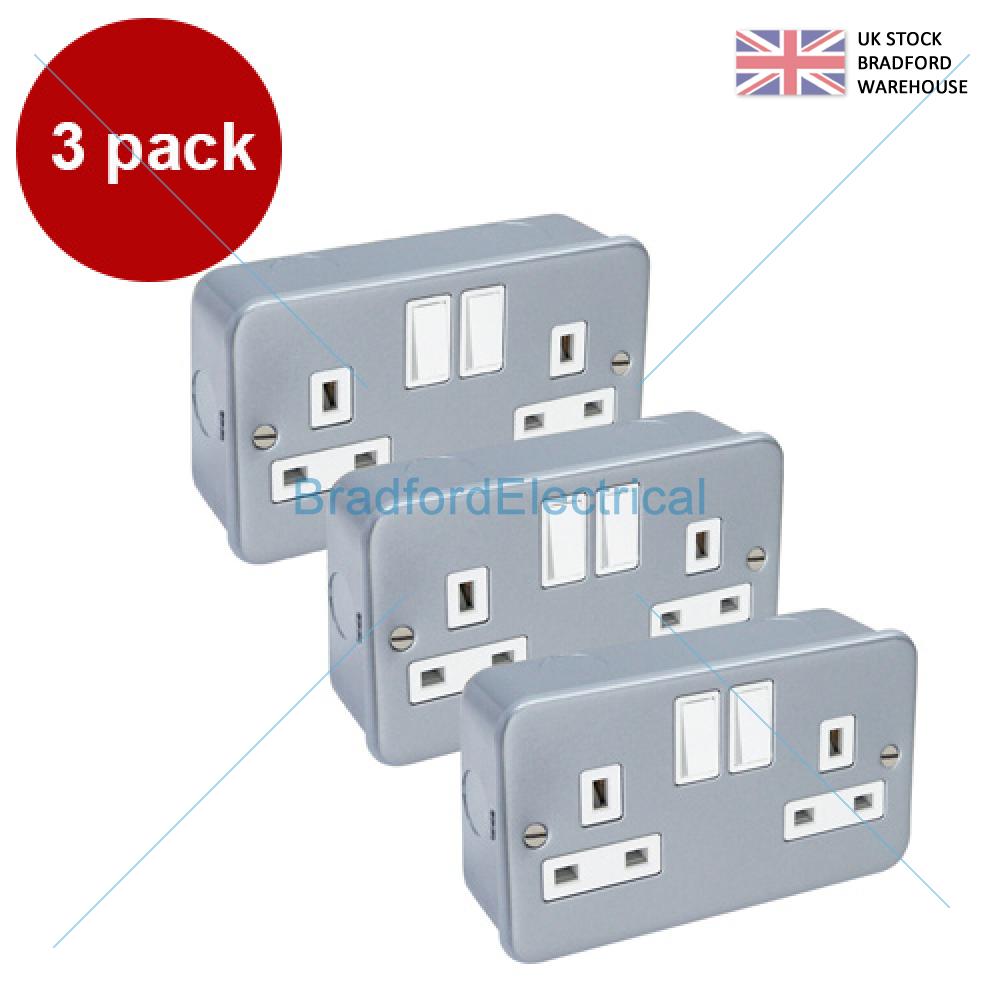 METAL CLAD 13 AMP DOUBLE 2 GANG SWITCHED ELECTRICAL MAINS WALL PLUG SOCKET 13A 